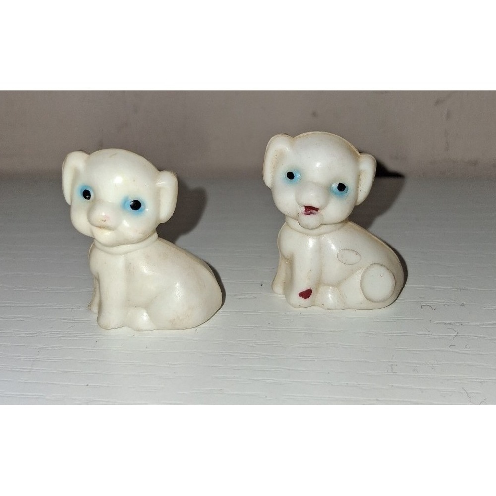 Vintage Miniature Puppy Dog Figurines Pair Blue Eyes 1.5" Kitsch Plastic